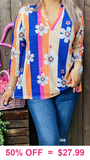 Blue Orange Pink stripe floral top