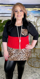 S/M : Black, Red, Leopard Color Block Flutter Tunic with Pocket