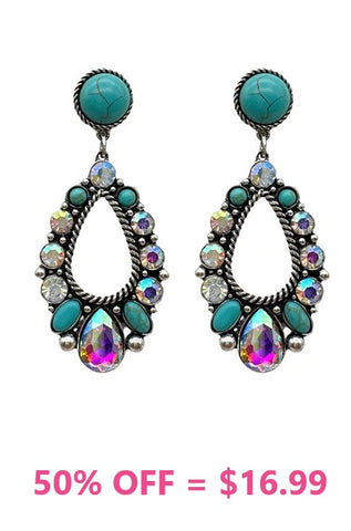 Turquoise and Bling Stones Teardrop dangle earrings