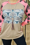 Tan Steer Top with pink leopard long sleeves