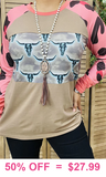 Tan Steer Top with pink leopard long sleeves