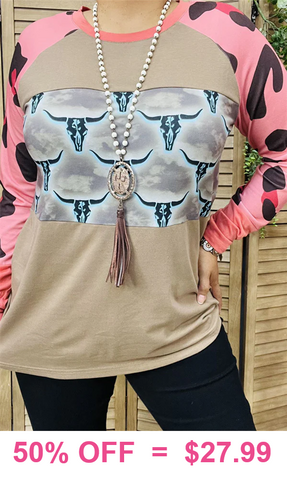 Tan Steer Top with pink leopard long sleeves