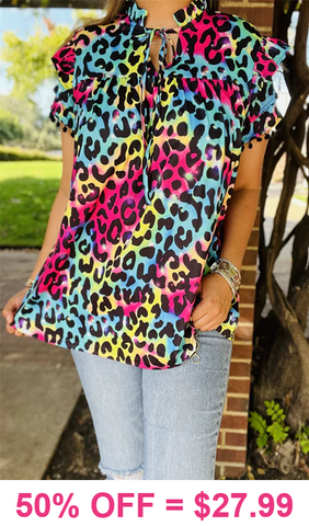 Colorful Leopard ruffle sleeve top