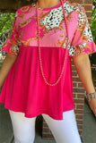 Pink top with leopard and scroll print ruffle sleeves