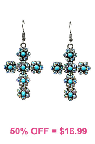 Turquoise & Bling Flower cross earrings