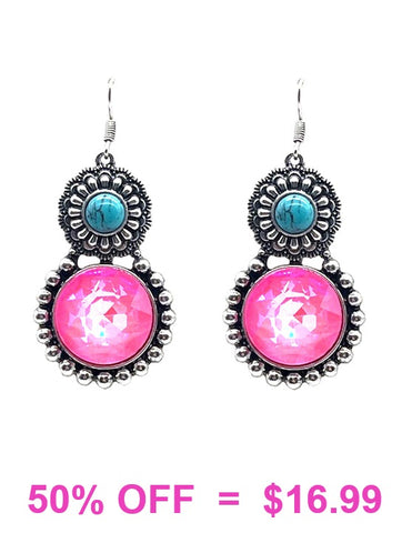 Pink bling stone earrings with Turquoise & silver border