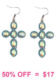 Turquoise trim bling cross earrings