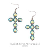 Turquoise trim bling cross earrings