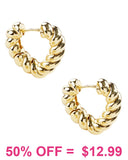 Gold twisted rope heart huggie earrings