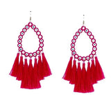 Red Gala Bling Teardrop Outline Large Earrings with Tassels