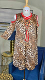 Leopard Flutter Tunic with Red Criss Cross Neck & Cold Shoulders