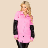 Pink Denim Shacket with black sequin sleeves