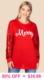 S, XL, 2X, 3X MERRY Red top sequin long sleeves