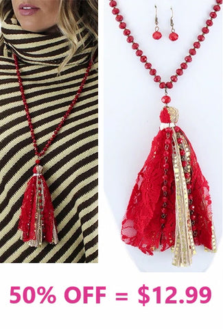 Red crystal necklace with fabric tassel