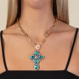 Gold Necklace with Turquoise bling rhinestone cross pendant