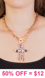 Gold Toggle Necklace with bling ornate cross pendant