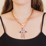 Gold Toggle Necklace with bling ornate cross pendant