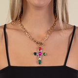 Gold Toggle Necklace with Bling Colorful ornate cross pendant