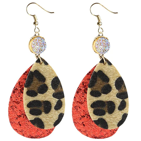 RED Glitter Leopard Teardrop Earrings