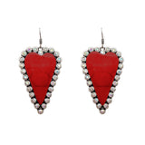 Red Stone Bling Trim Heart Earrings Silver tone