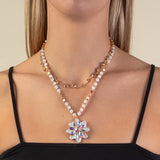 White Beaded Necklace with Bling Flower pendant