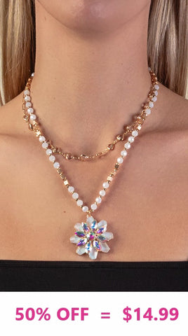 White Beaded Necklace with Bling Flower pendant