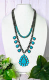 Silver Navajo Pearl Double Strand Necklace with Turquoise triangle pendants
