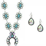 Trendy Turquoise & AB Bling Squash Blossom necklace and earring set