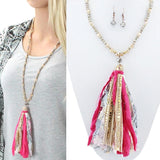 NEW ARRIVAL Crystal beaded necklace with pink floral tassel