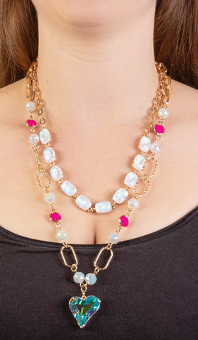 Crystal & Gold Layered Necklace with iridescent heart pendant