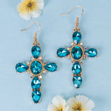 Blue Bling Rhinestone ornate cross earrings