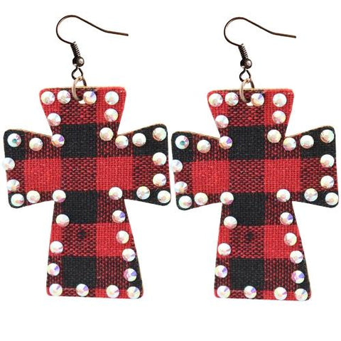 *Red Plaid Cross Earrings with Bling Trim*