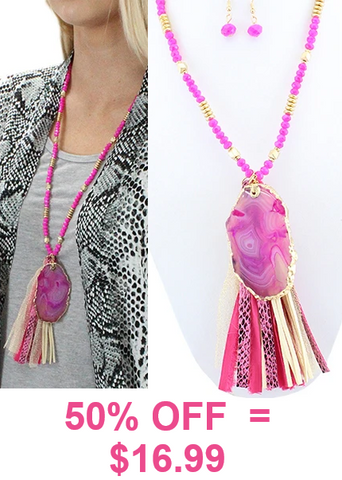 Pink Necklace with stone slab and tassel