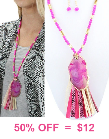 Pink Necklace with stone slab and tassel