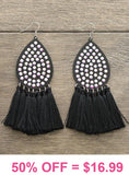 Gala Black Bling Teardrop Large Earrings with Tassels