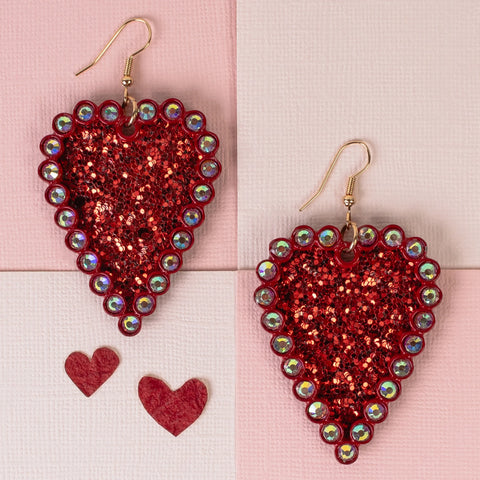 Red Glitter heart earrings with bling trim