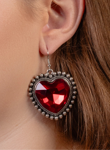 Red Bling Heart earrings silver trim