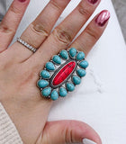 Turquoise & Red Oval Concho Stretch Ring