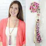 NEW ARRIVAL Pink & Cheetah beaded necklace with gold ring and tassel
