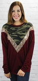 Small : Maroon Long Sleeve Top with Camo & Sequin V-Neck