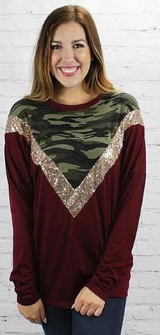 Small : Maroon Long Sleeve Top with Camo & Sequin V-Neck