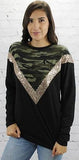 S, L, XL, XXL : Black Long Sleeve Top with Camo & Sequin V-Neck