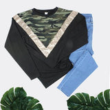 S, L, XL, XXL : Black Long Sleeve Top with Camo & Sequin V-Neck