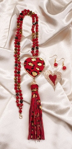 Red Crystal Beaded Necklace with Gold Leopard Heart pendant & Tassel