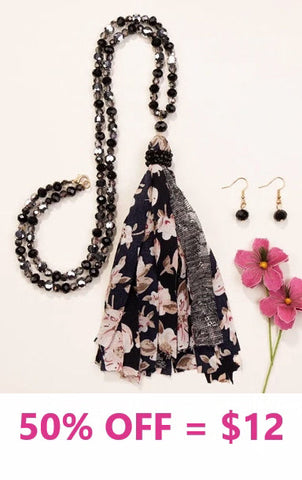 Black & Silver crystal beaded necklace with floral tassel