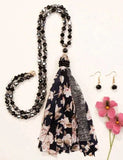 Black & Silver crystal beaded necklace with floral tassel