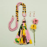 Pink crystal necklace with flower tassel