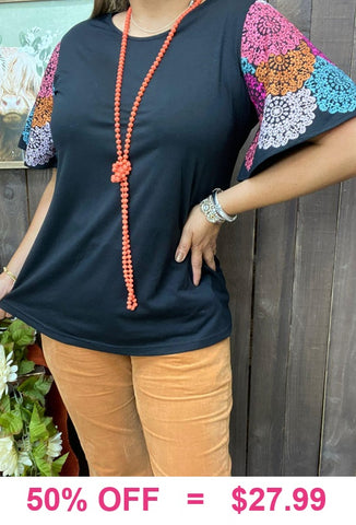 Black top with colorful design sleeves