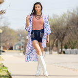 White Kimono with Lavender & Blue Leopard print