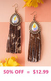 Brown Cow Suede Tassel Earrings with bling rhinestone